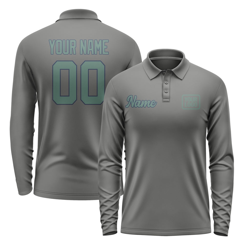 Custom Dark Grey Blue Green Long Sleeve Polo Shirt