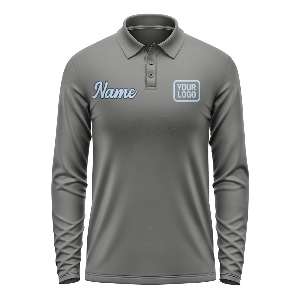 Custom Dark Grey Light Blue Long Sleeve Polo Shirt