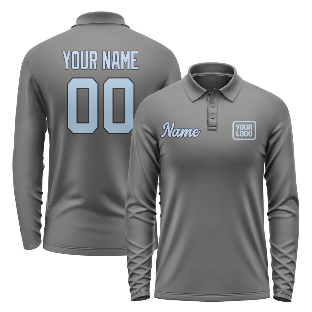 Custom Dark Grey Light Blue Long Sleeve Polo Shirt
