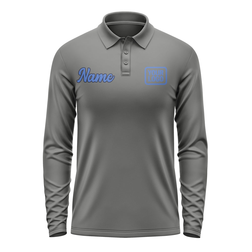 Custom Dark Grey Sky Blue Long Sleeve Polo Shirt