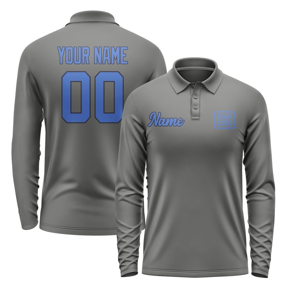 Custom Dark Grey Sky Blue Long Sleeve Polo Shirt
