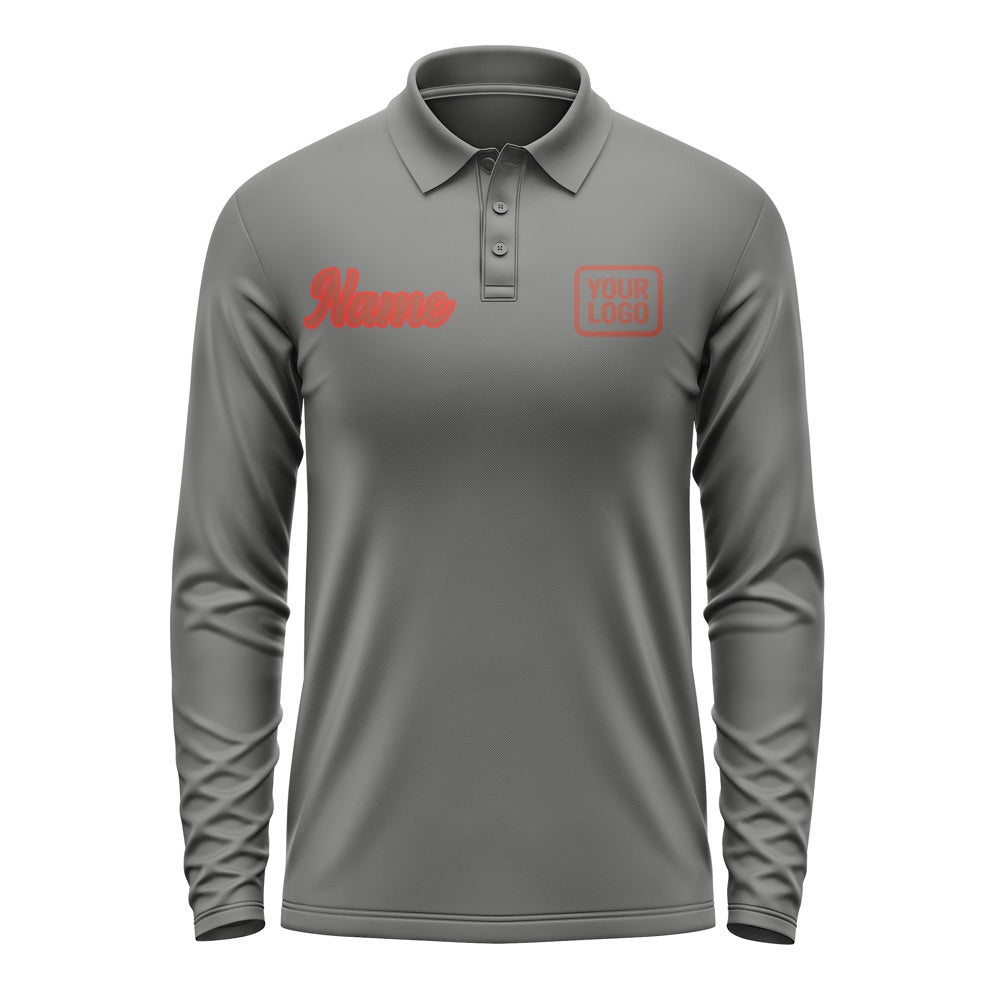 Custom Dark Grey Coral Red Long Sleeve Polo Shirt