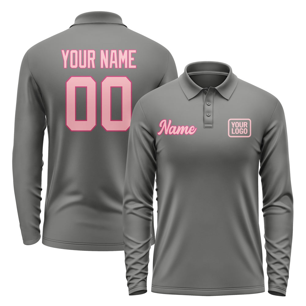 Custom Dark Grey Light Pink Long Sleeve Polo Shirt