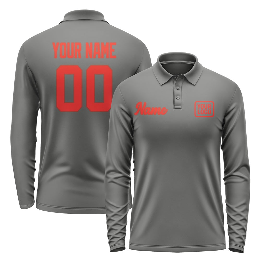 Custom Dark Grey Orange Red Long Sleeve Polo Shirt