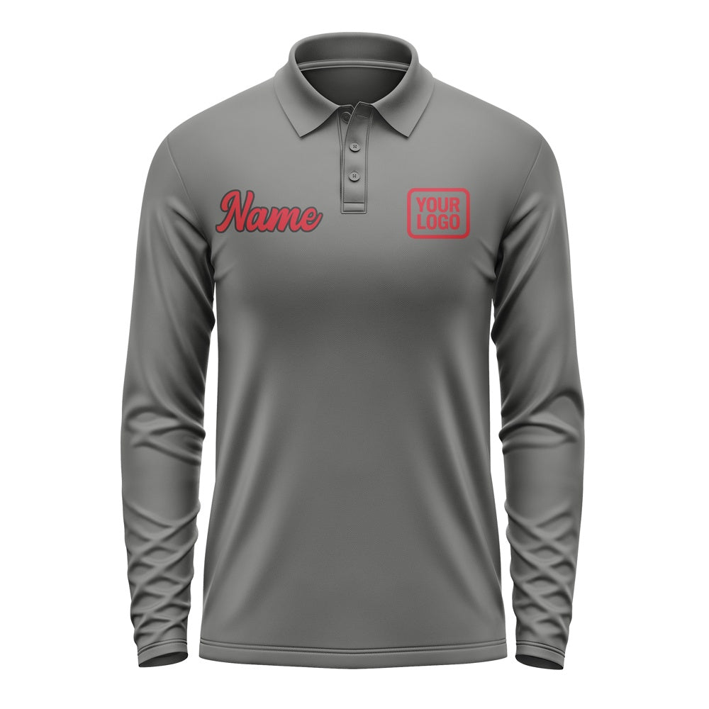 Custom Dark Grey Red Long Sleeve Polo Shirt