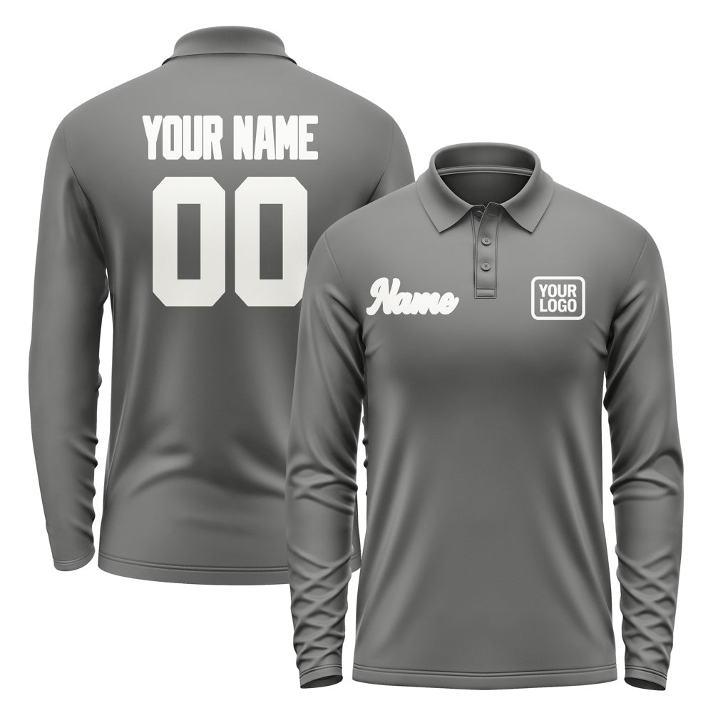 Custom Dark Grey White Long Sleeve Polo Shirt