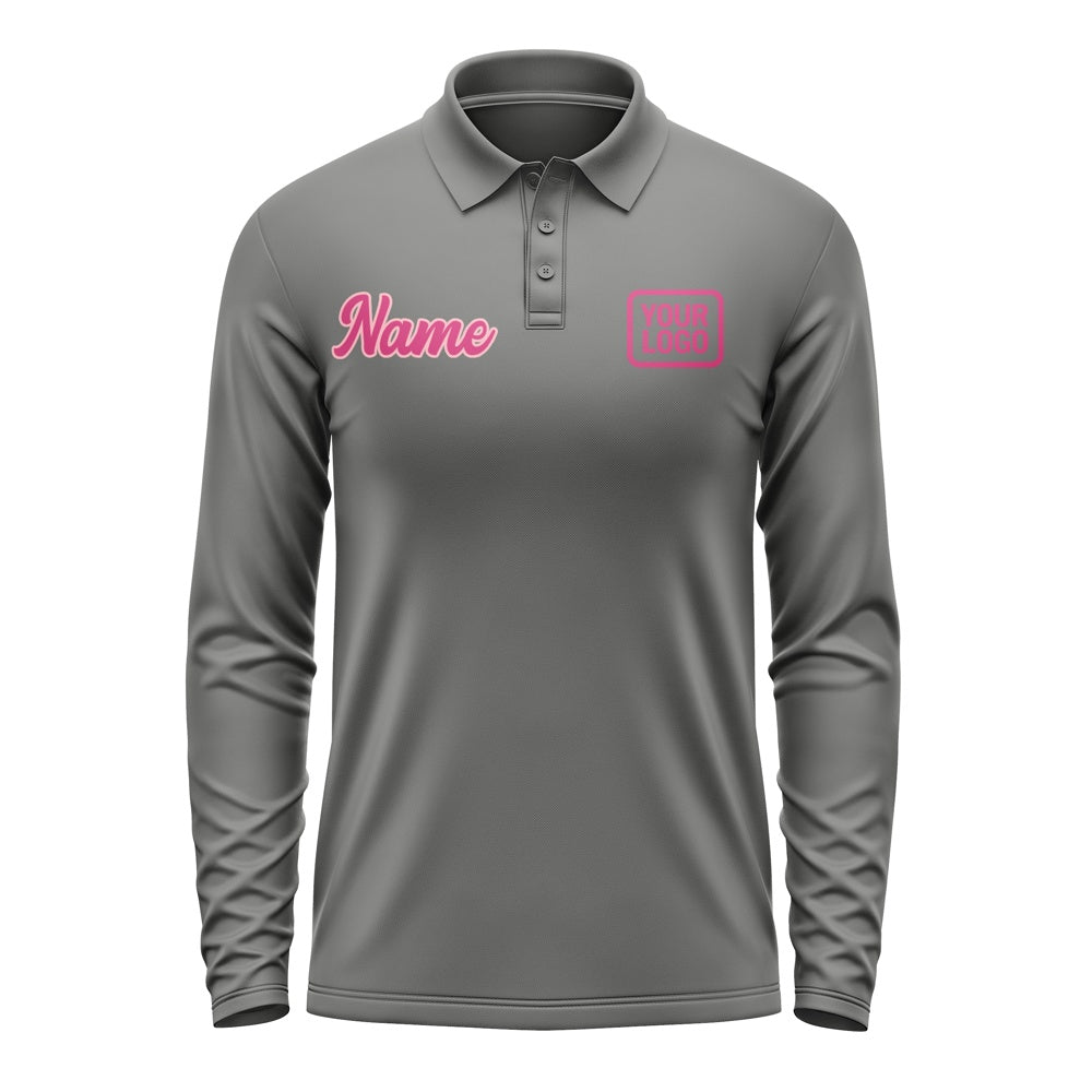 Custom Dark Grey Pink Long Sleeve Polo Shirt