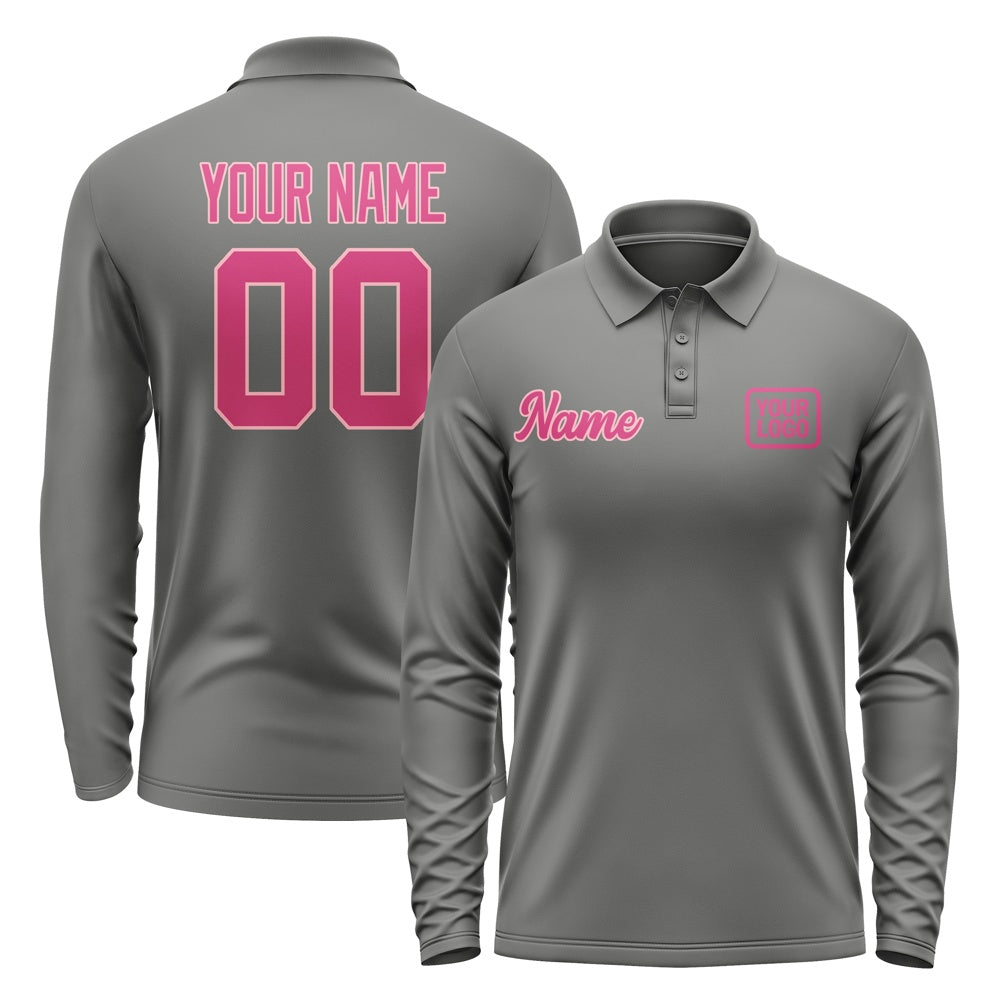 Custom Dark Grey Pink Long Sleeve Polo Shirt