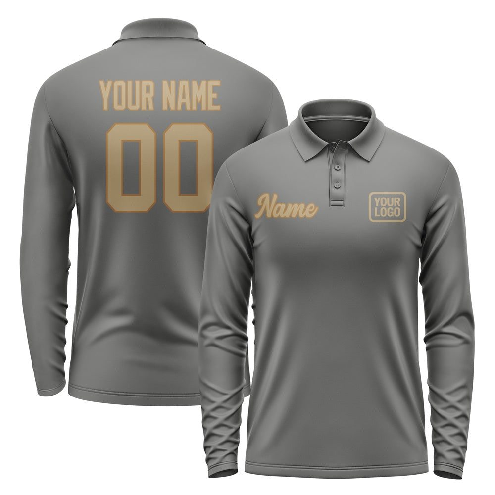 Custom Dark Grey Light Khaki Long Sleeve Polo Shirt