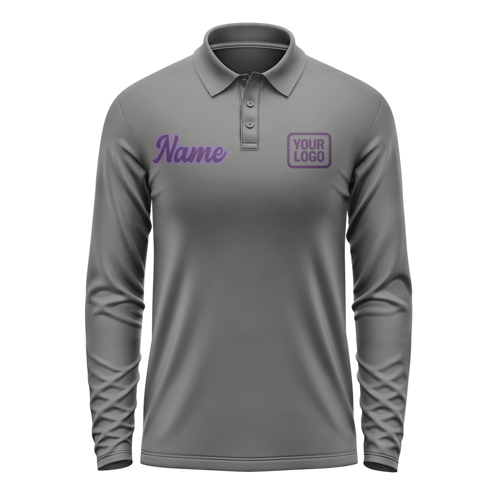 Custom Dark Grey Purple Long Sleeve Polo Shirt