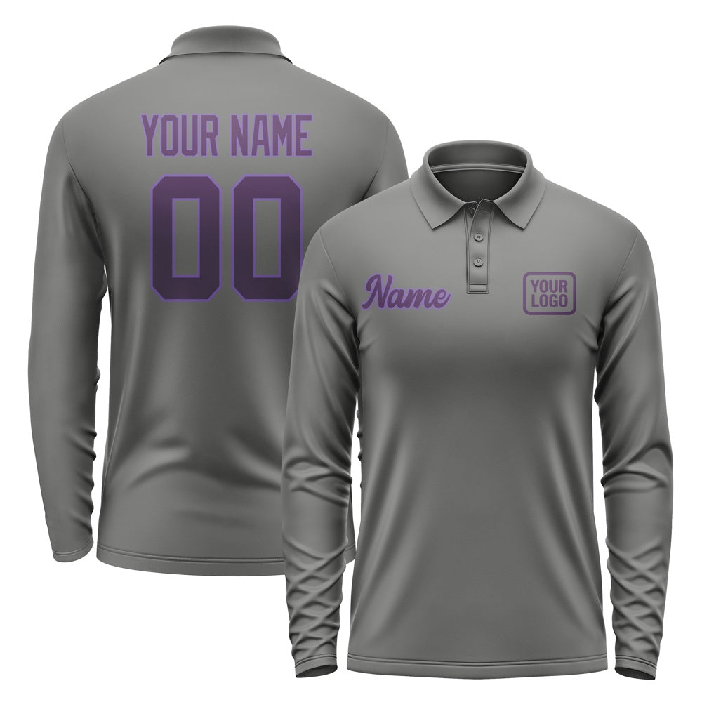 Custom Dark Grey Purple Long Sleeve Polo Shirt