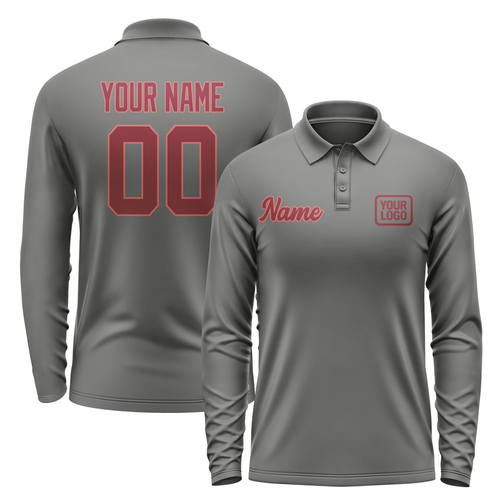 Custom Dark Grey Crimson Red Long Sleeve Polo Shirt