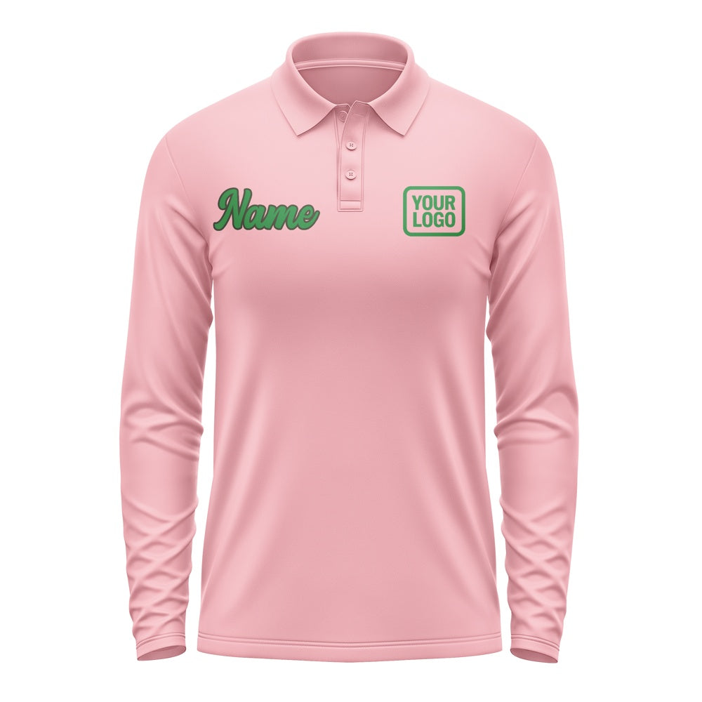 Custom Light Pink Emerald Green Long Sleeve Polo Shirt