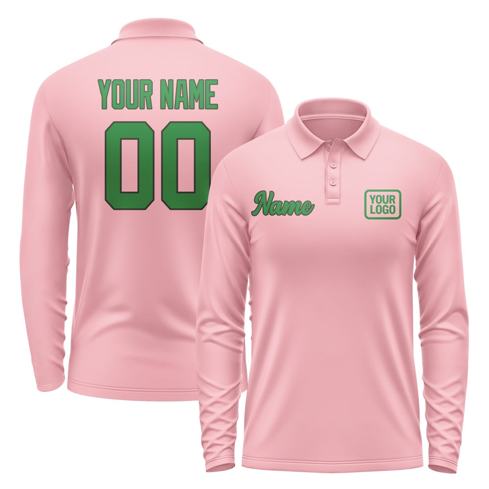 Custom Light Pink Emerald Green Long Sleeve Polo Shirt