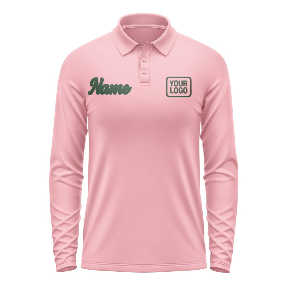Custom Light Pink Dark Green Long Sleeve Polo Shirt