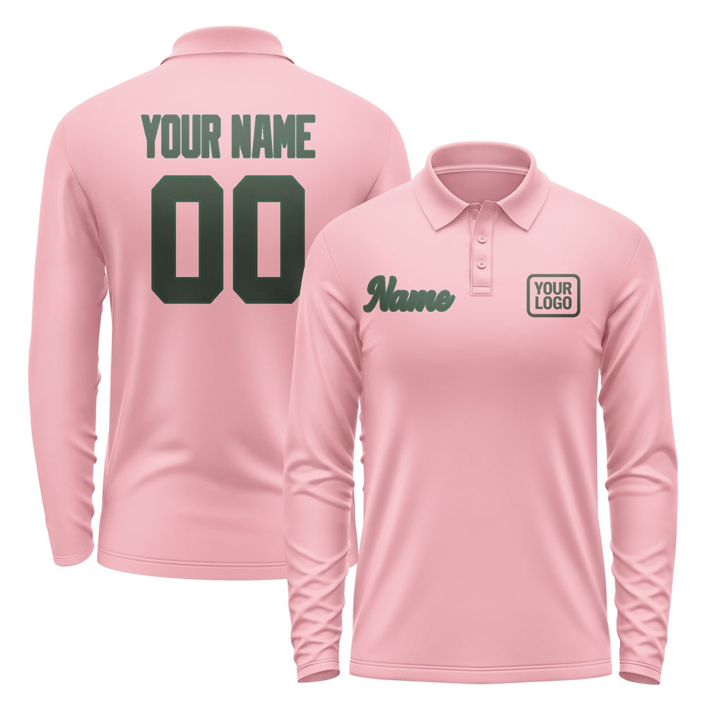 Custom Light Pink Dark Green Long Sleeve Polo Shirt