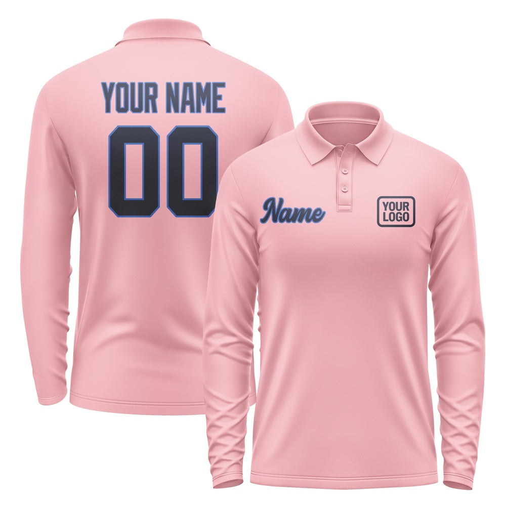 Custom Light Pink Navy Long Sleeve Polo Shirt