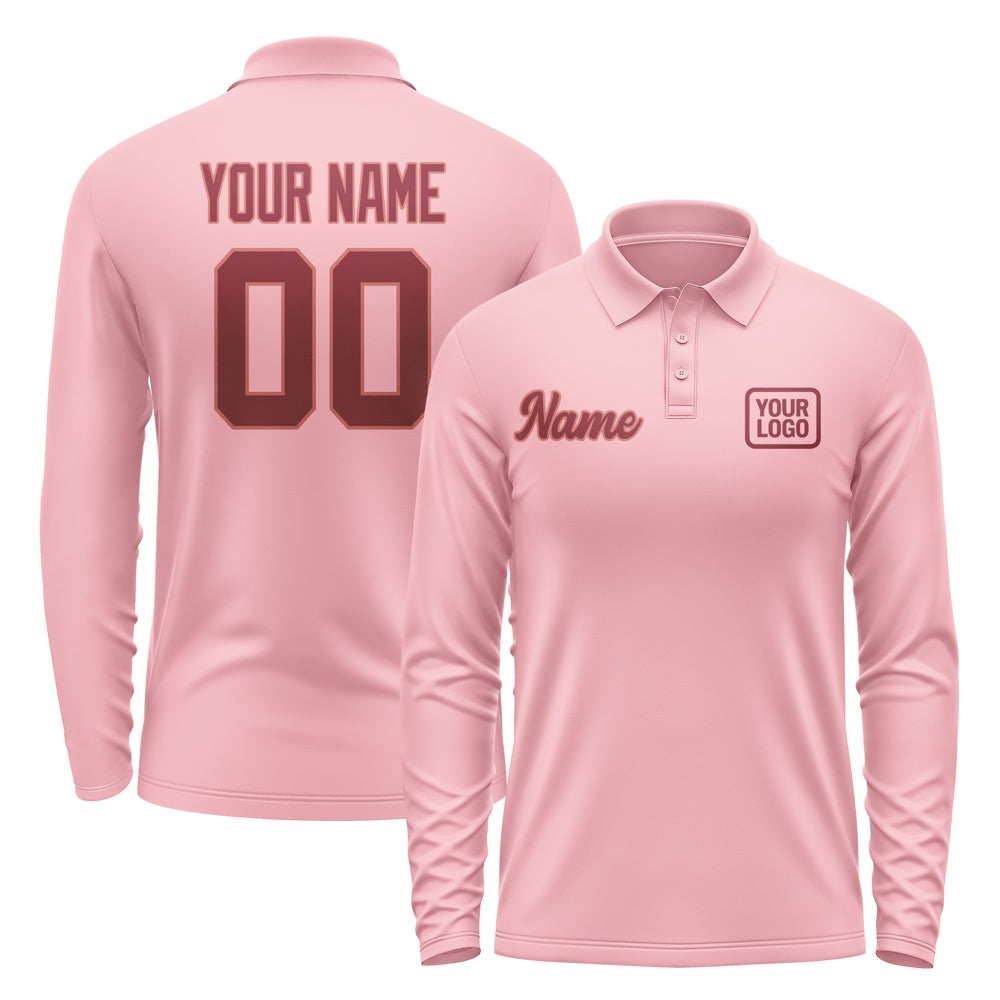 Custom Light Pink Crimson Red Long Sleeve Polo Shirt