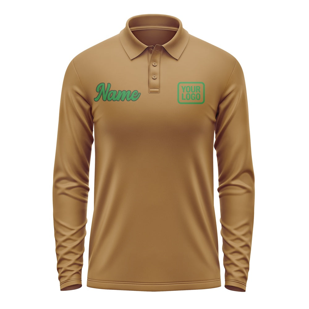 Custom Khaki Emerald Green Long Sleeve Polo Shirt