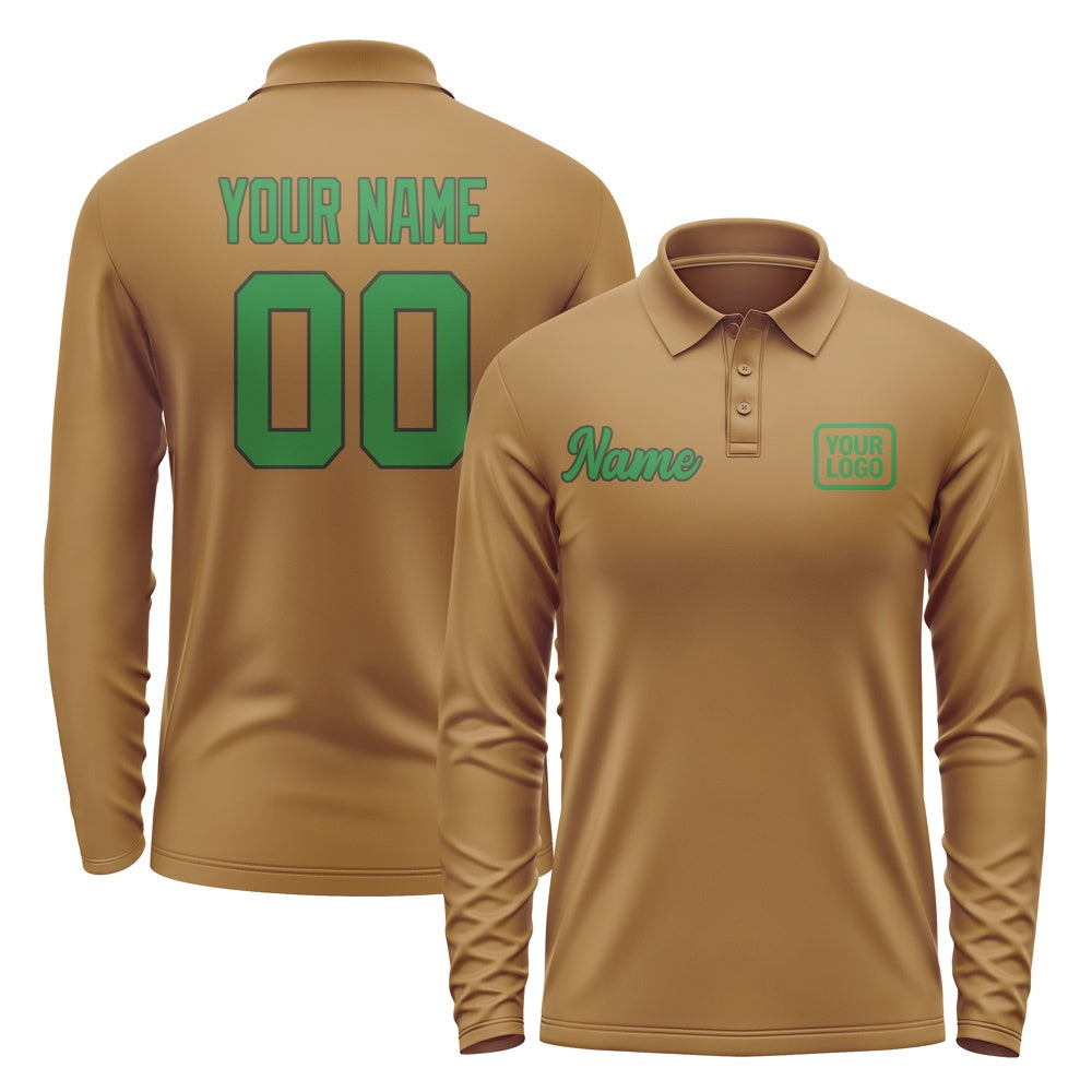 Custom Khaki Emerald Green Long Sleeve Polo Shirt