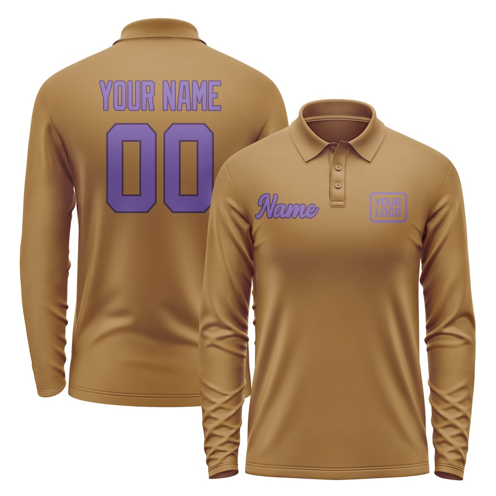 Custom Khaki Light Purple Long Sleeve Polo Shirt