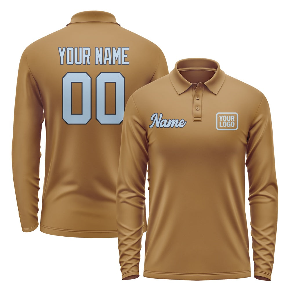 Custom Khaki Light Blue Long Sleeve Polo Shirt