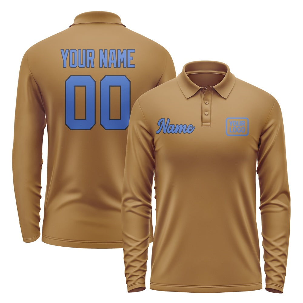 Custom Khaki Sky Blue Long Sleeve Polo Shirt