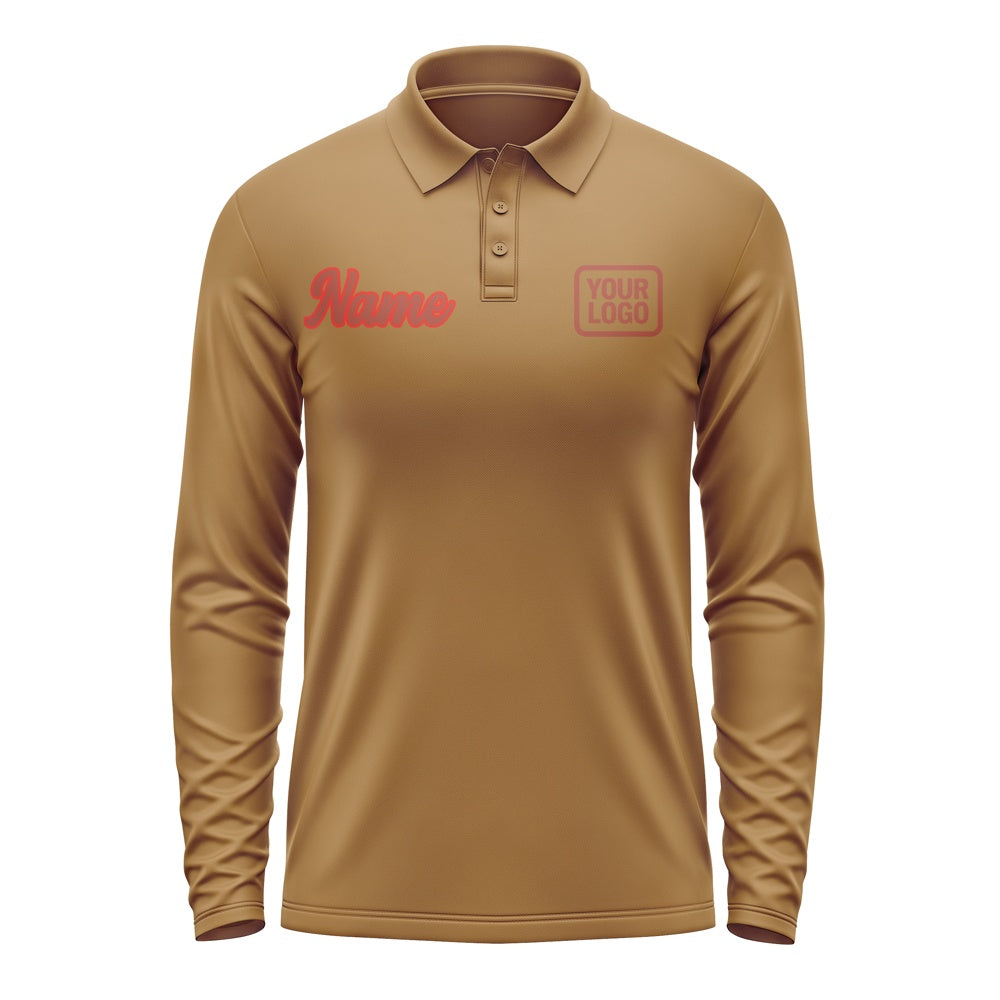 Custom Khaki Coral Red Long Sleeve Polo Shirt