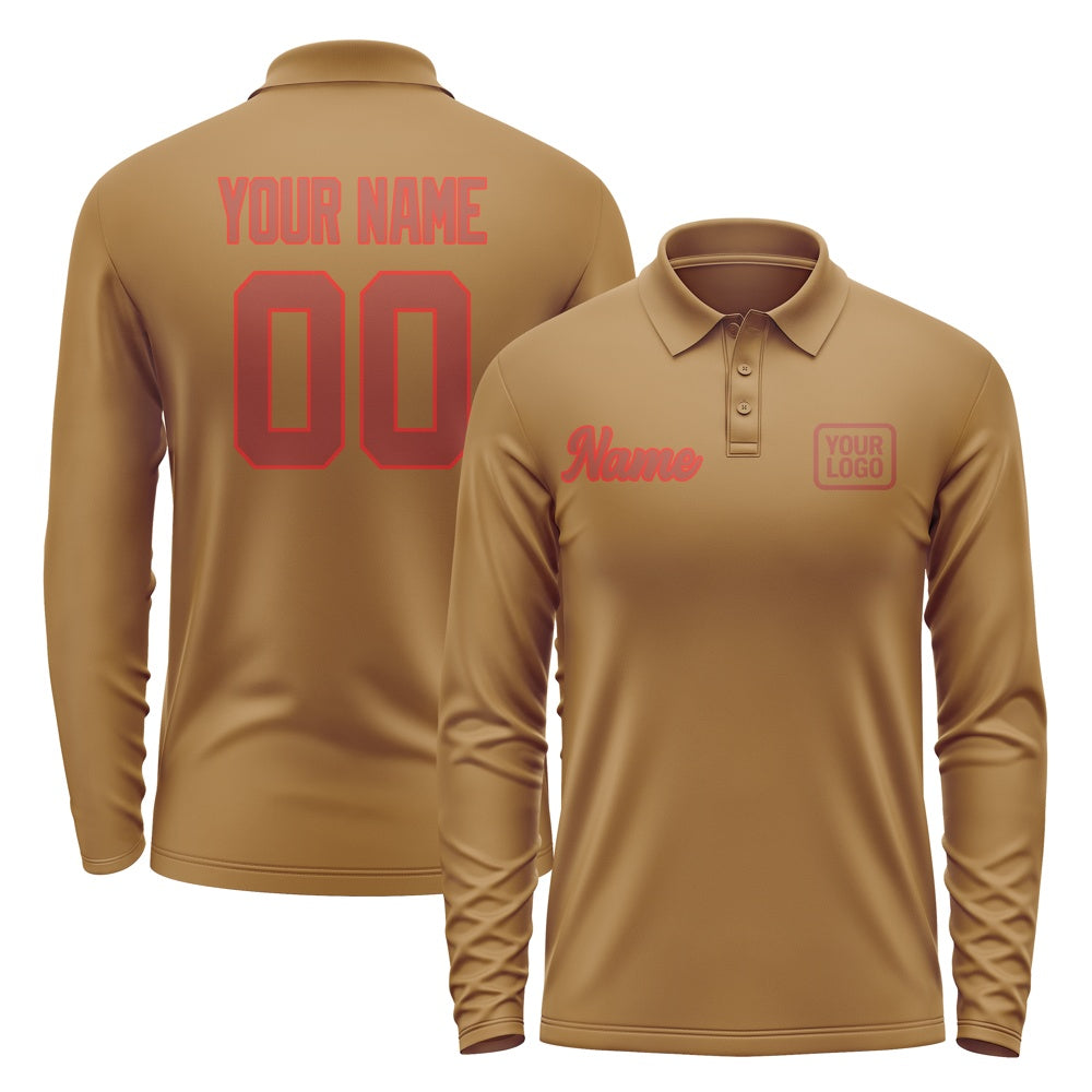 Custom Khaki Coral Red Long Sleeve Polo Shirt