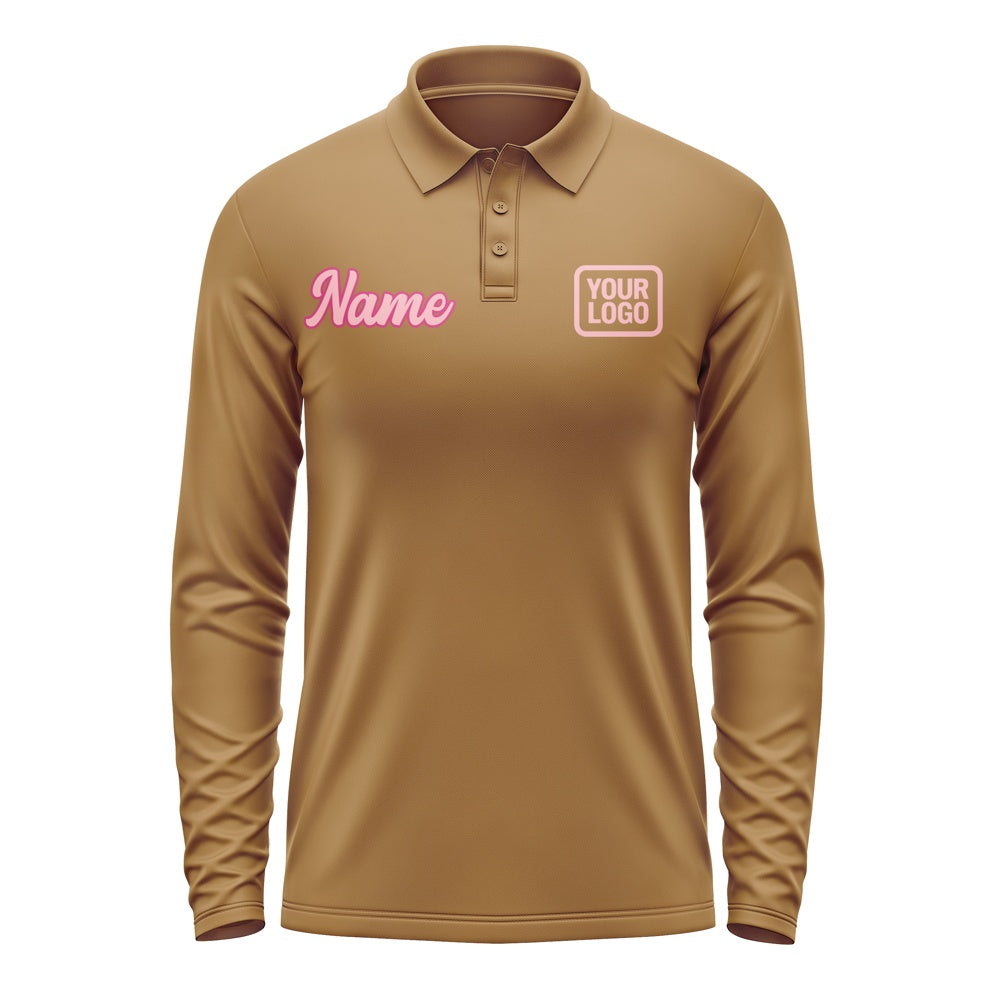 Custom Khaki Light Pink Long Sleeve Polo Shirt
