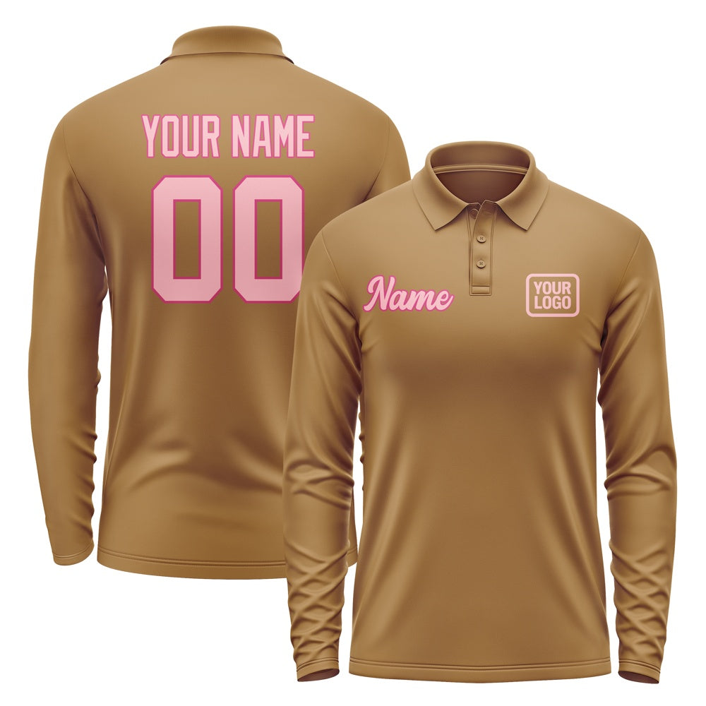 Custom Khaki Light Pink Long Sleeve Polo Shirt