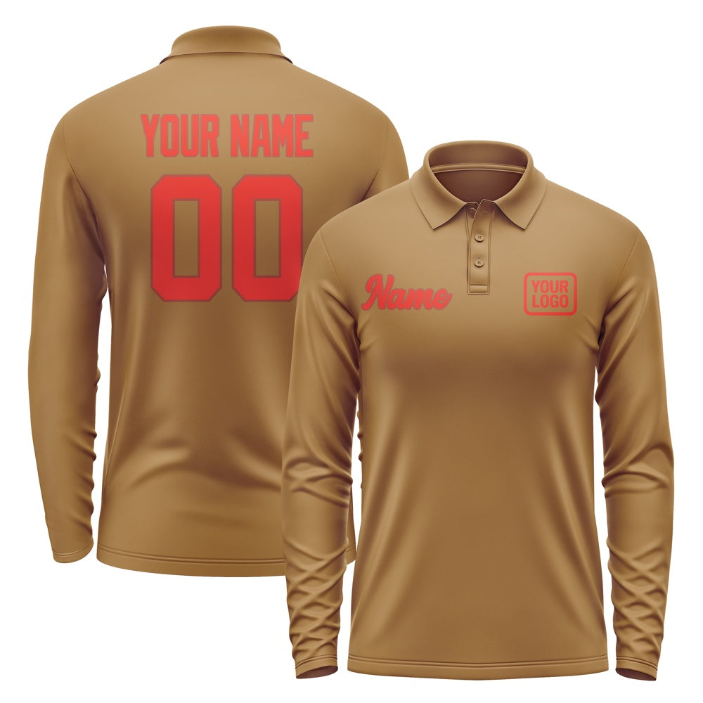 Custom Khaki Orange Red Long Sleeve Polo Shirt