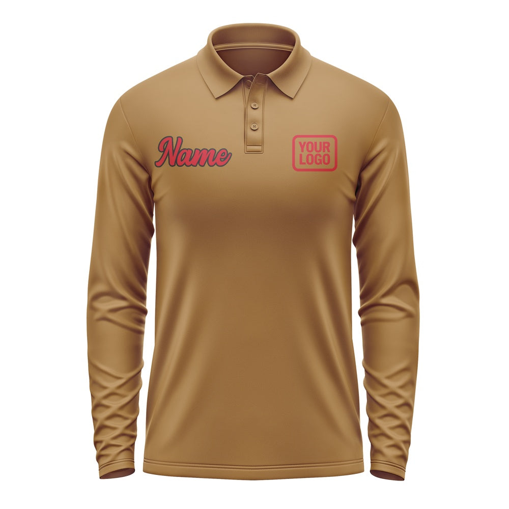 Custom Khaki Red Long Sleeve Polo Shirt