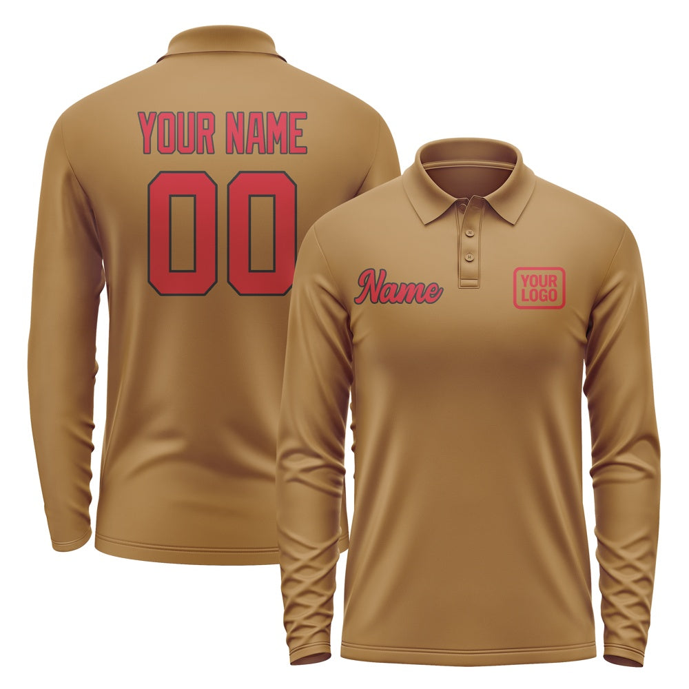 Custom Khaki Red Long Sleeve Polo Shirt