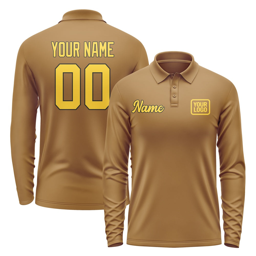 Custom Khaki Gold Long Sleeve Polo Shirt