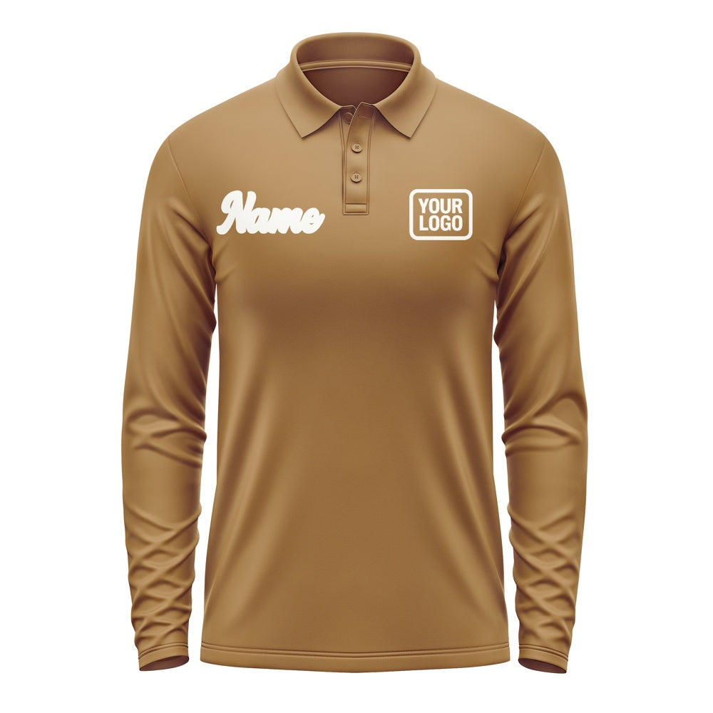 Custom Khaki White Long Sleeve Polo Shirt