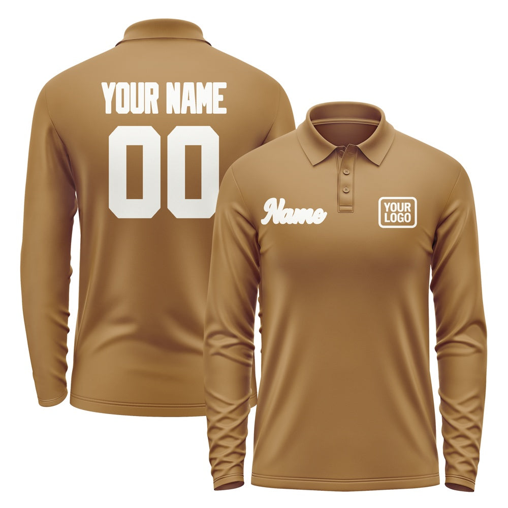 Custom Khaki White Long Sleeve Polo Shirt