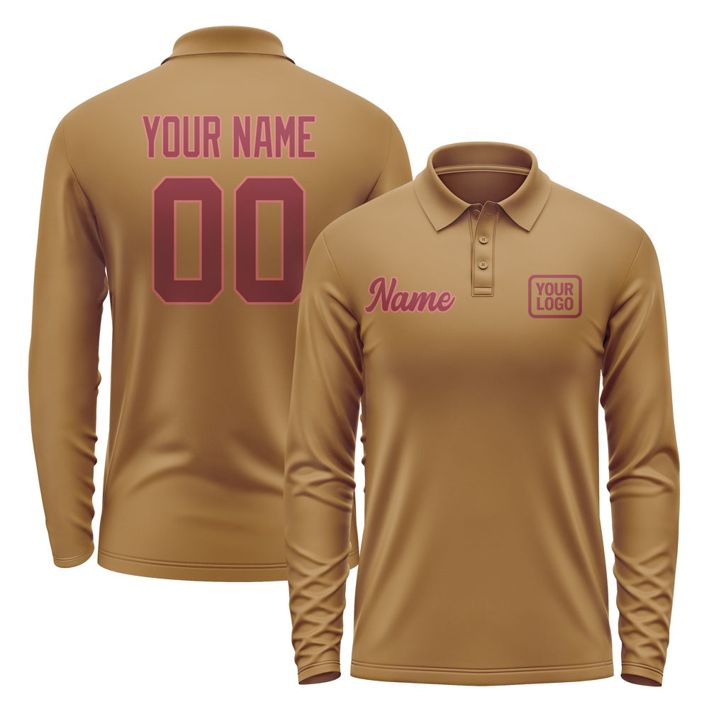 Custom Khaki Crimson Red Long Sleeve Polo Shirt