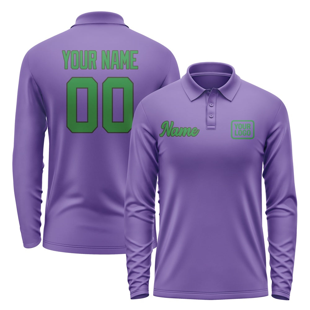 Custom Light Purple Emerald Green Long Sleeve Polo Shirt