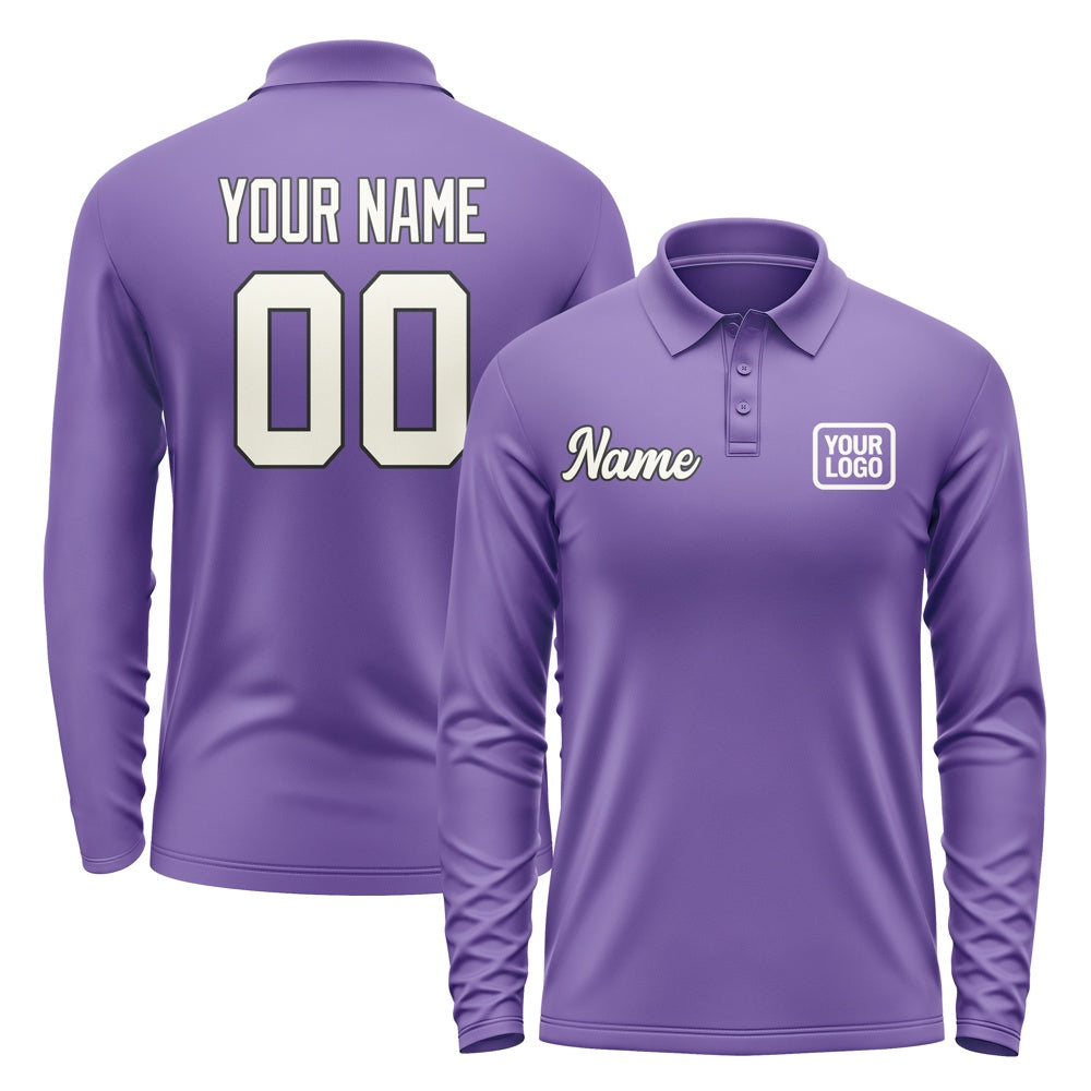 Custom Light Purple Cream Long Sleeve Polo Shirt