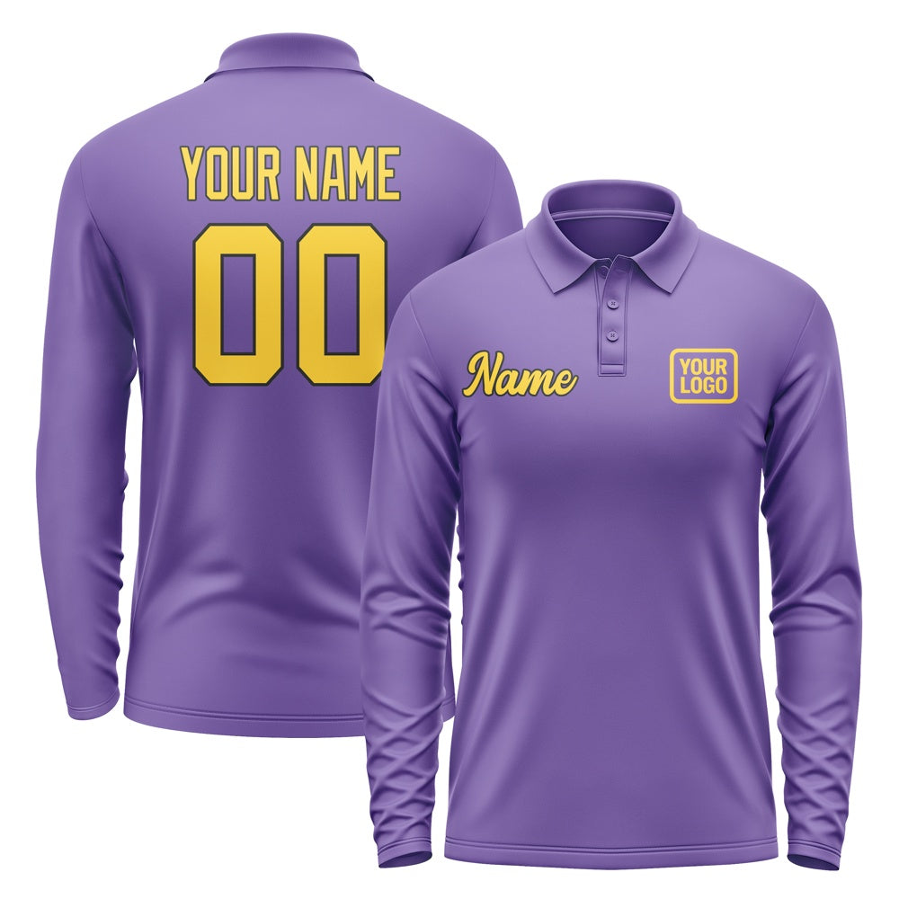 Custom Light Purple Gold Long Sleeve Polo Shirt