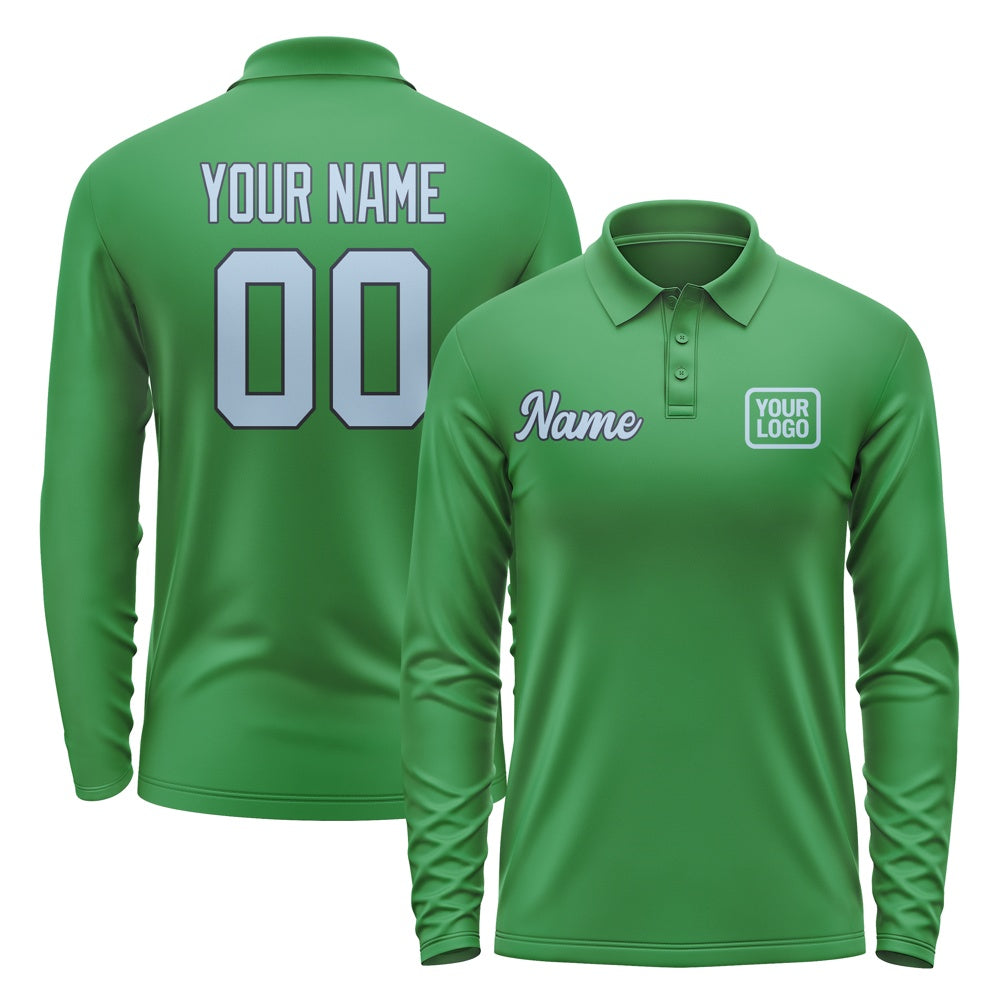 Custom Emerald Green Light Blue Long Sleeve Polo Shirt