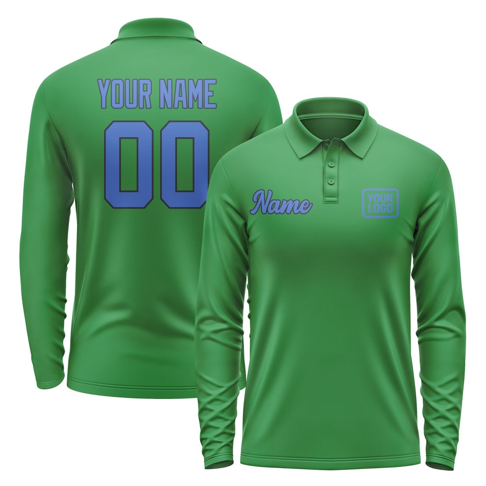Custom Emerald Green Sky Blue Long Sleeve Polo Shirt