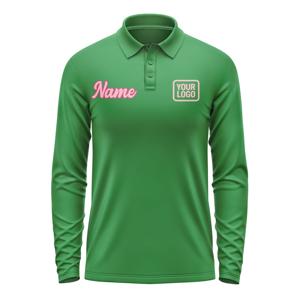 Custom Emerald Green Light Pink Long Sleeve Polo Shirt