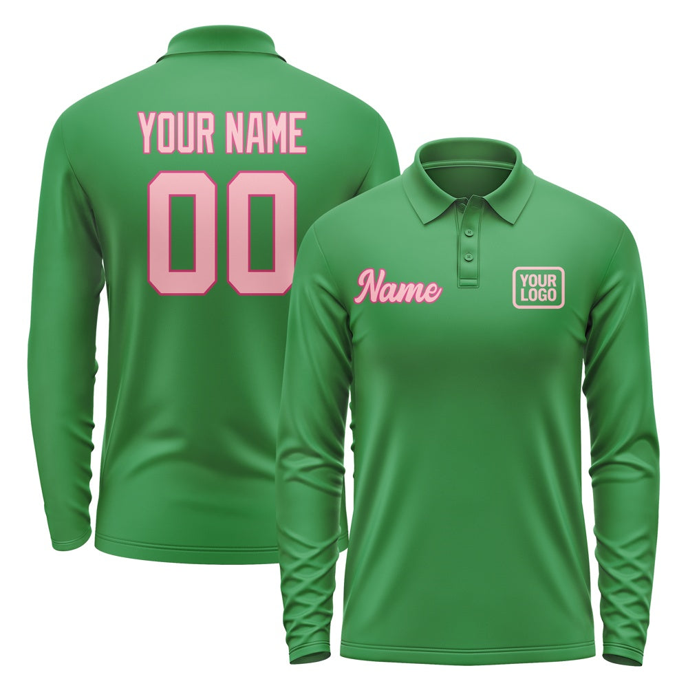 Custom Emerald Green Light Pink Long Sleeve Polo Shirt