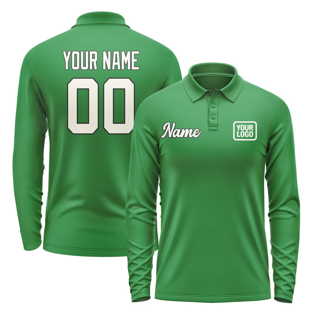 Custom Emerald Green Cream Long Sleeve Polo Shirt