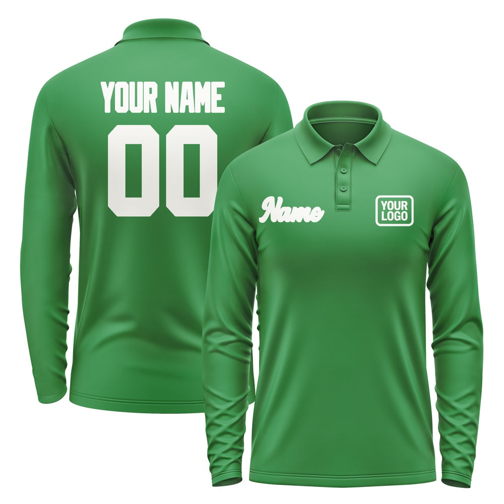 Custom Emerald Green White Long Sleeve Polo Shirt