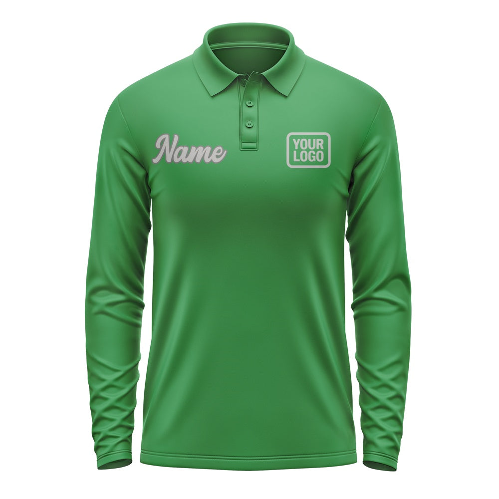 Custom Emerald Green Gray Long Sleeve Polo Shirt