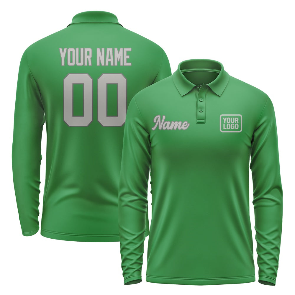 Custom Emerald Green Gray Long Sleeve Polo Shirt
