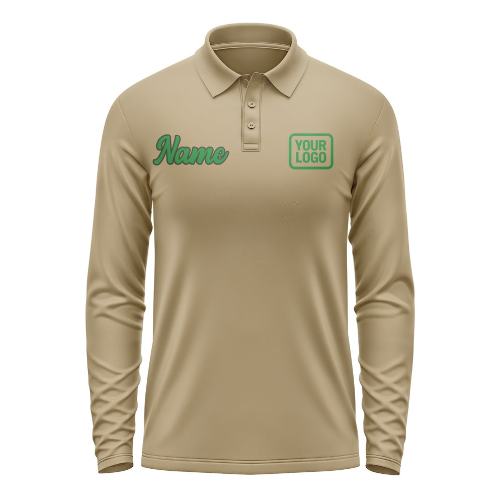 Custom Light Khaki Emerald Green Long Sleeve Polo Shirt